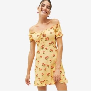 Urban Outfitters Yellow Cherry Print Dress Off the Shoulder Size Medium